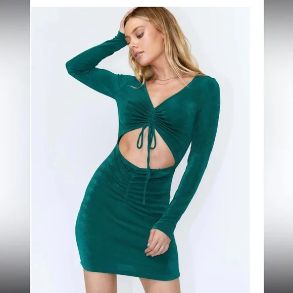Princess Polly forest green jade bodycon cutout dress mini long sleeve stretch 4 - Picture 1 of 7